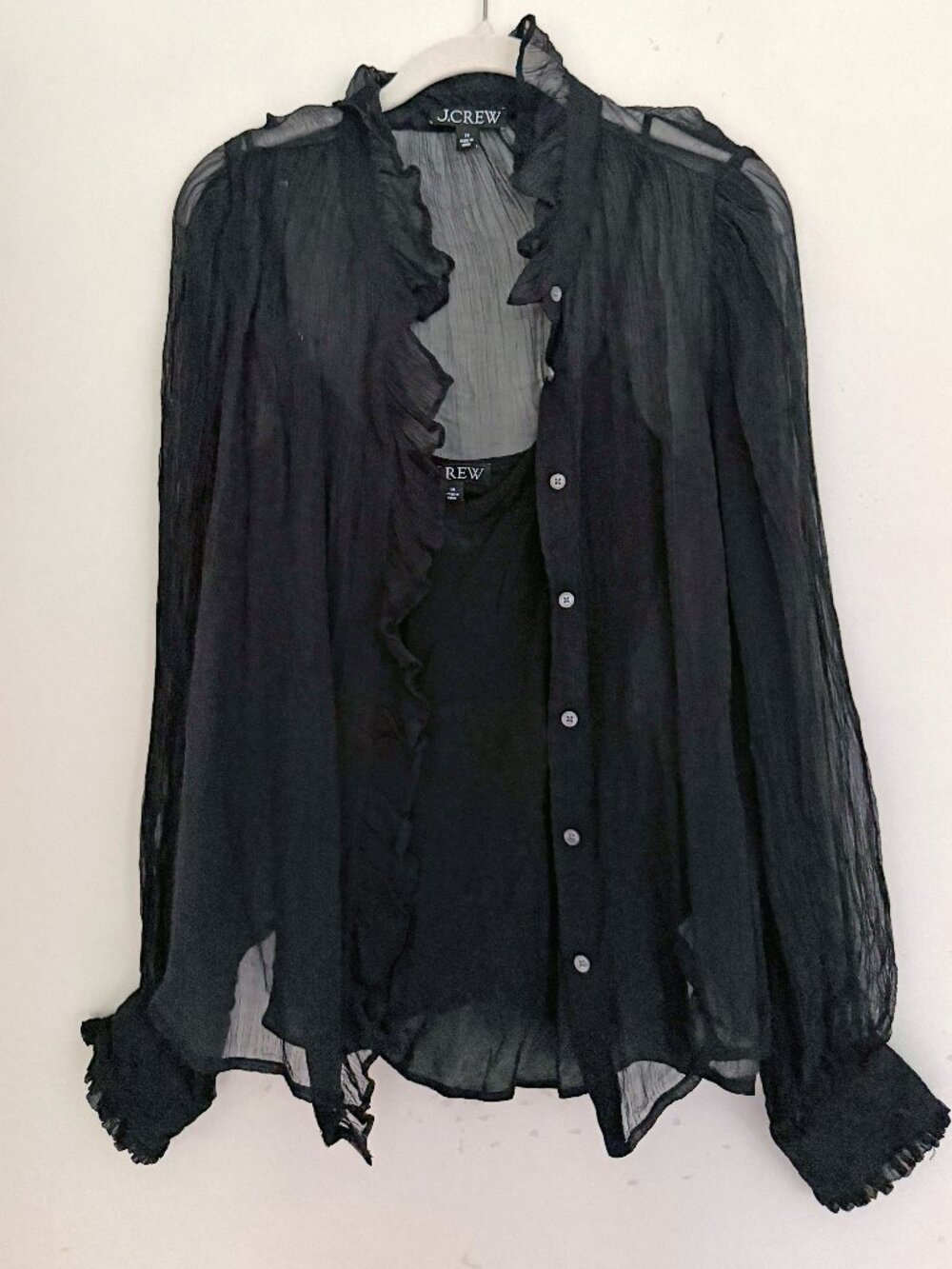 J Crew Black Sheer Ruffle Blouse with Camisole Size 10